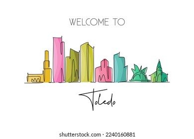 Single continuous line drawing of Toledo city skyline, Ohio. Famous city scraper landscape. World travel home wall decor art poster print concept. Modern one line draw design vector illustration
