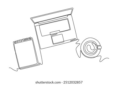 Vista superior de desenho de linha contínua única do laptop do computador, smartphone, tablet e reservar uma xícara de café na mesa do escritório. Conceito de tabela de espaço de trabalho. Ilustração vetorial de design gráfico de uma linha