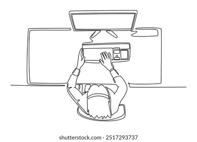 Single continuous line drawing top view female call center worker answering complain call from customer kindly. Helpdesk center care concept. Dynamic one line draw graphic design vector illustration