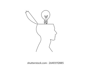 Single continuous line drawing the top of the head is open and there is light bulb above. Putting out very rational ideas. Solve problem. National Creativity Day. One line design vector illustration