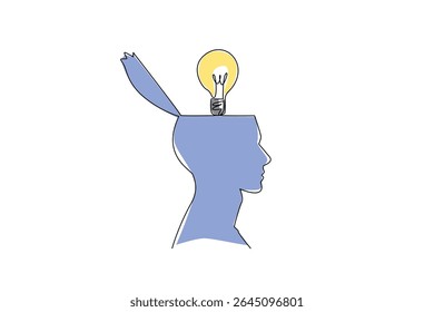 Uma única linha contínua desenhando o topo da cabeça está aberta e há lâmpada acima. Colocando ideias muito racionais. Resolva o problema. Dia Nacional da Criatividade. Ilustração de vetor de design de uma linha