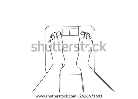 Single continuous line drawing top view, feet standing on the scale. The scales do not lie. It is time to live healthy. Exercise regularly Weights and Measures Day. One line design vector illustration