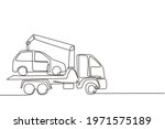 Single continuous line drawing tow truck is transporting a broken car on top of it with a crane. The car is taken to the garage for service. Dynamic one line draw graphic design vector illustration.
