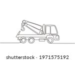 Single continuous line drawing the tow truck seen from the side is ready to help the driver whose car is damaged on the highway. Insurance facility. One line draw graphic design vector illustration.