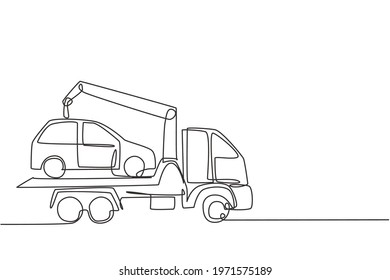 Single continuous line drawing tow truck is transporting a broken car on top of it with a crane. The car is taken to the garage for service. Dynamic one line draw graphic design vector illustration.