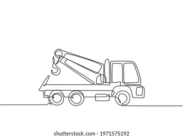 Single Continuous Line Drawing The Tow Truck Seen From The Side Is Ready To Help The Driver Whose Car Is Damaged On The Highway. Insurance Facility. One Line Draw Graphic Design Vector Illustration.