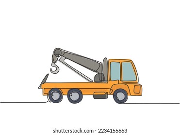 Single continuous line drawing the tow truck seen from the side is ready to help the driver whose car is damaged on the highway. Insurance facility. One line draw graphic design vector illustration.