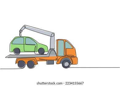 Ein einziger Langleinen-Ziehschlepper transportiert ein zerbrochenes Auto mit einem Kran darüber. Das Auto wird zur Bedienung in die Garage mitgebracht. Dynamische 1-zeilige Zeichnen Grafik Design Vektorgrafik.