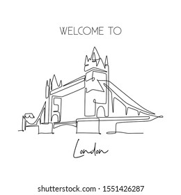 Single continuous line drawing Tower Bridge landmark. Iconic beauty place in London, United Kingdom. World travel home decor wall art poster print concept. One line draw design vector illustration