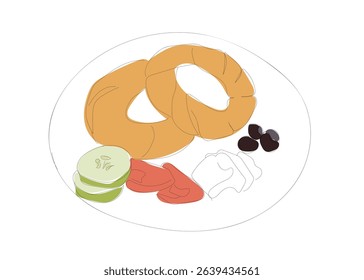 Single continuous line drawing traditional turkish breakfast with olives, simit bagels, feta cheese,  top view.  Turkish bakery food.  Hand made vector not Al
