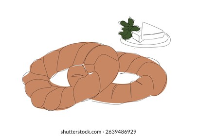 Single continuous line drawing traditional turkish breakfast with  simit bagels,   cheese,  top view.  Turkish bakery food.  Hand made vector not Al