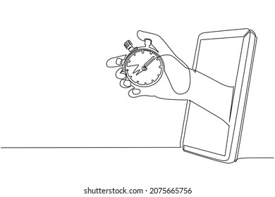 Single continuous line drawing trainer hand holds stopwatch through mobile phone. Smartphone with training sport app. Mobile sport stream championship. One line draw graphic design vector illustration