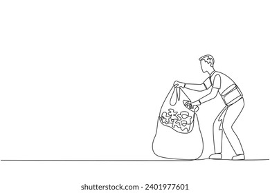 Single continuous line drawing trash man puts some rubbish into plastic trash. Picking up while sorting rubbish. Only organic waste will be put into plastic. Reuse. One line design vector illustration