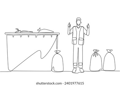 Un único tirador de basura de línea continua se para con un gesto de pulgares hacia arriba entre bolsas de basura. Acaba de ordenar la basura dispersa. Atención ambiental. Ecología. Ilustración vectorial de diseño de una línea