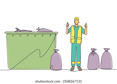 Single continuous line drawing trash man stands with a thumbs up gesture between trash bags. Finish tidying up the scattered rubbish. Environmental care. Ecology. One line design vector illustration