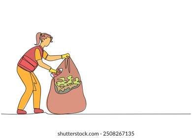 Single continuous line drawing trash woman puts some rubbish into plastic trash. Manual cleaning without tools. Reuse. Recycle. Junk. No pollution. Fresh air. One line design vector illustration