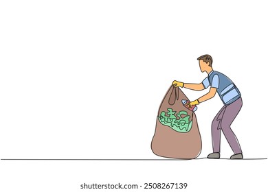 Single continuous line drawing trash man puts some rubbish into plastic trash. Picking up while sorting rubbish. Only organic waste will be put into plastic. Reuse. One line design vector illustration