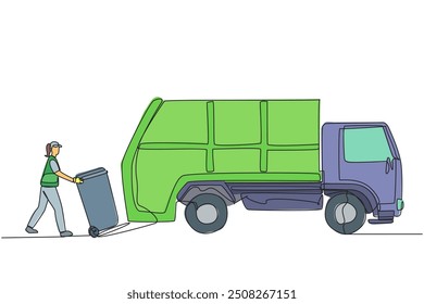 Single continuous line drawing trash woman loads the trash can into the trash truck. The next part is taken to the landfill. Cleaning up the environment. Recycling. One line design vector illustration