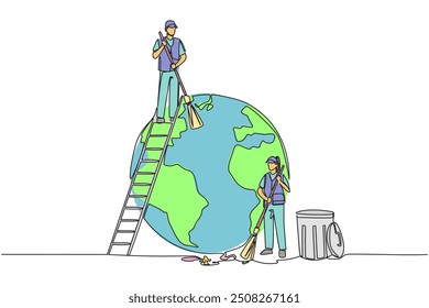 Single continuous line drawing trash man climbs ladder to sweep top of the globe. His partner cleaned at bottom and around globe. Working together for the earth. One line design vector illustration