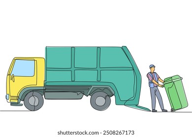 Single continuous line drawing trash man pulling wheeled trash can towards the garbage truck. Prevent environmental pollution by regularly making it to landfill. One line design vector illustration