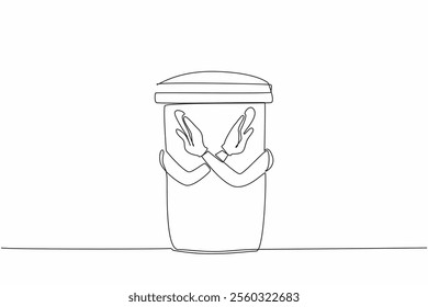 Single continuous line drawing trash can that has hands and makes a crossed gesture. It is forbidden to throw away the food. Finish it off. Stop Food Waste Day. One line design vector illustration