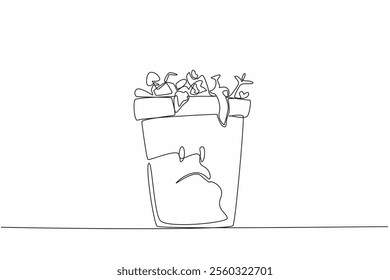 Single continuous line drawing trash can is filled with lots of leftover food. Trash can sad character because of wasteful behavior. Redundant. Stop Food Waste Day. One line design vector illustration