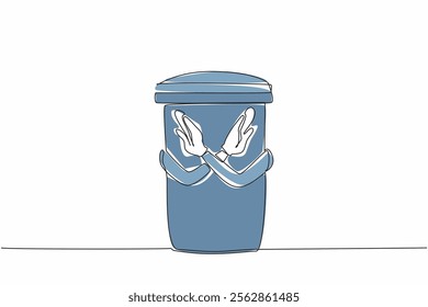 Single continuous line drawing trash can that has hands and makes a crossed gesture. It is forbidden to throw away the food. Finish it off. Stop Food Waste Day. One line design vector illustration