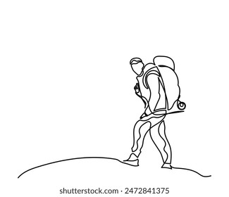 Single continuous line drawing of traveler walking Climber on a mountain top. man  trekking poles and backpacks hiking up a mountain, adventure, hiking concept.