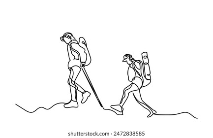 Single continuous line drawing of travelers walking Climber on a mountain top. man woman with trekking poles and backpacks hiking up a mountain, adventure, hiking concept.