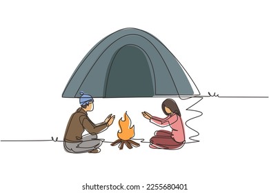 Single continuous line drawing traveling couple active recreation camping around campfire tents. Man and woman warm their hands near bonfire. Dynamic one line draw graphic design vector illustration