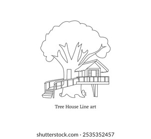 Single continuous line drawing of tree house. coloring book pages for kids and adults with vector illustration.