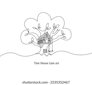 Single continuous line drawing of tree house. coloring book pages for kids and adults with vector illustration.