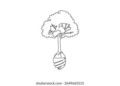 Single continuous line drawing a tree growing on the neck of a light bulb. Green energy is energy that does not damage nature. Eco friendly. Ecology. Tree Concept. One line design vector illustration