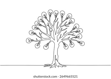 Single continuous line drawing a tree with many branches and fruit that is lightbulbs. Many ideas and creativity originate from clear air. Solution. Tree Concept. One line design vector illustration