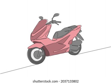 Single continuous line drawing of trendy luxury Asian underbone motorbike logo. Automatic scooter motorcycle concept. One line draw design vector illustration