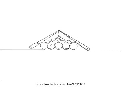 Single continuous line drawing of triangle pyramid balls stack for pool billiards game at billiard room. Indoor sport game concept. Trendy one line draw design vector illustration graphic