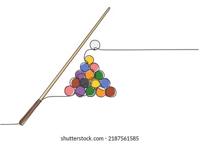 Single continuous line drawing of triangle pyramid balls stack for pool billiards game at billiard room. Indoor sport game concept. Trendy one line draw design vector illustration graphic