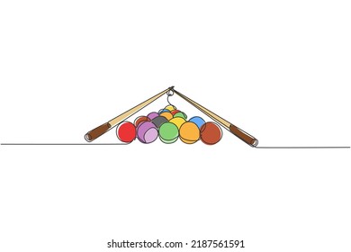 Single continuous line drawing of triangle pyramid balls stack for pool billiards game at billiard room. Indoor sport game concept. Trendy one line draw design vector illustration graphic