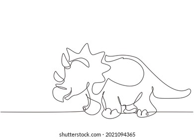 Single continuous line drawing triceratops dinosaur. Large prehistoric dinosaur triceratops. Extinct ancient animals. Animal history concept. Dynamic one line draw graphic design vector illustration