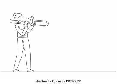 Single continuous line drawing trombone player. Female performer play wind instrument. Music artist girl. Jazz woman. Musician play trumpet. Classic music event. One line draw graphic design vector