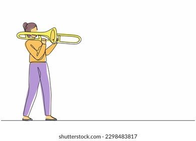 Single continuous line drawing trombone player. Female performer play wind instrument. Music artist girl. Jazz woman. Musician play trumpet. Classic music event. One line draw graphic design vector