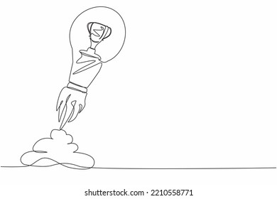 Single continuous line drawing of trophy launching with light bulb. Business startup idea for winning competition. Achievement and boost goals concept. One line draw graphic design vector illustration