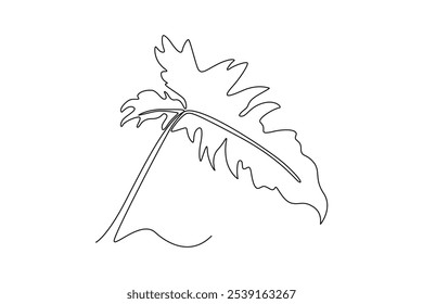 Línea continua única que dibuja la planta de hoja tropical. Concepto decorativo imprimible de la planta del hogar del selloum del filodendro para el ornamento casero de la decoración de la pared. Ilustración vectorial de Diseño gráfico de dibujo dinámico de una línea