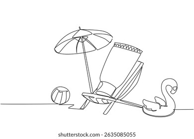 Single continuous line drawing tube sunscreen on a beach chair with an umbrella, balls and flamingo shaped floats. Play safely on the beach. National Sunscreen Day. One line design vector illustration