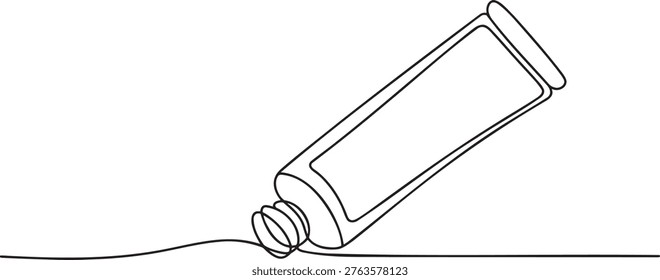 Single continuous line drawing of a tube of paint or cream. Representing art supplies, cosmetics, and skincare products. Creative expression in beauty, personal care, and artistic endeavors. Simple vector illustration.