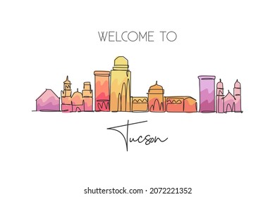 Single continuous line drawing of Tucson city skyline, Arizona. Famous city scraper landscape. World travel concept home wall decor art poster print. Modern one line draw design vector illustration