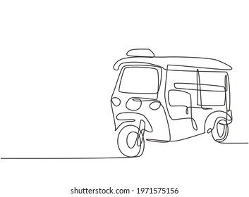 Single continuous line drawing Tuk Tuk Thailand is often used by tourists as a means of transportation to get around tourist attractions in Thailand. One line draw graphic design vector illustration.