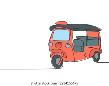 Single continuous line drawing Tuk Tuk Thailand is often used by tourists as a means of transportation to get around tourist attractions in Thailand. One line draw graphic design vector illustration.