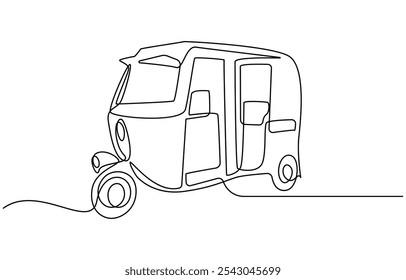 Single continuous line drawing Tuk Tuk Thailand is often used by tourists, Bajaj Tuk Tuk Minimalist Line Art. Continuous line drawing of traditional Bangkok transportation