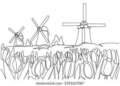 Single continuous line drawing tulip garden with some windmills. Automatic irrigation for watering large tulip flower gardens. Technology. National Windmill Day. One line design vector illustration